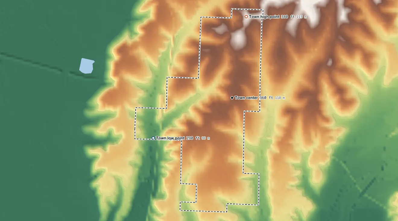 Topographic elevation map of Tollette, Arkansas, shaded from 290 ft on the southwest side to 380 ft on the north side