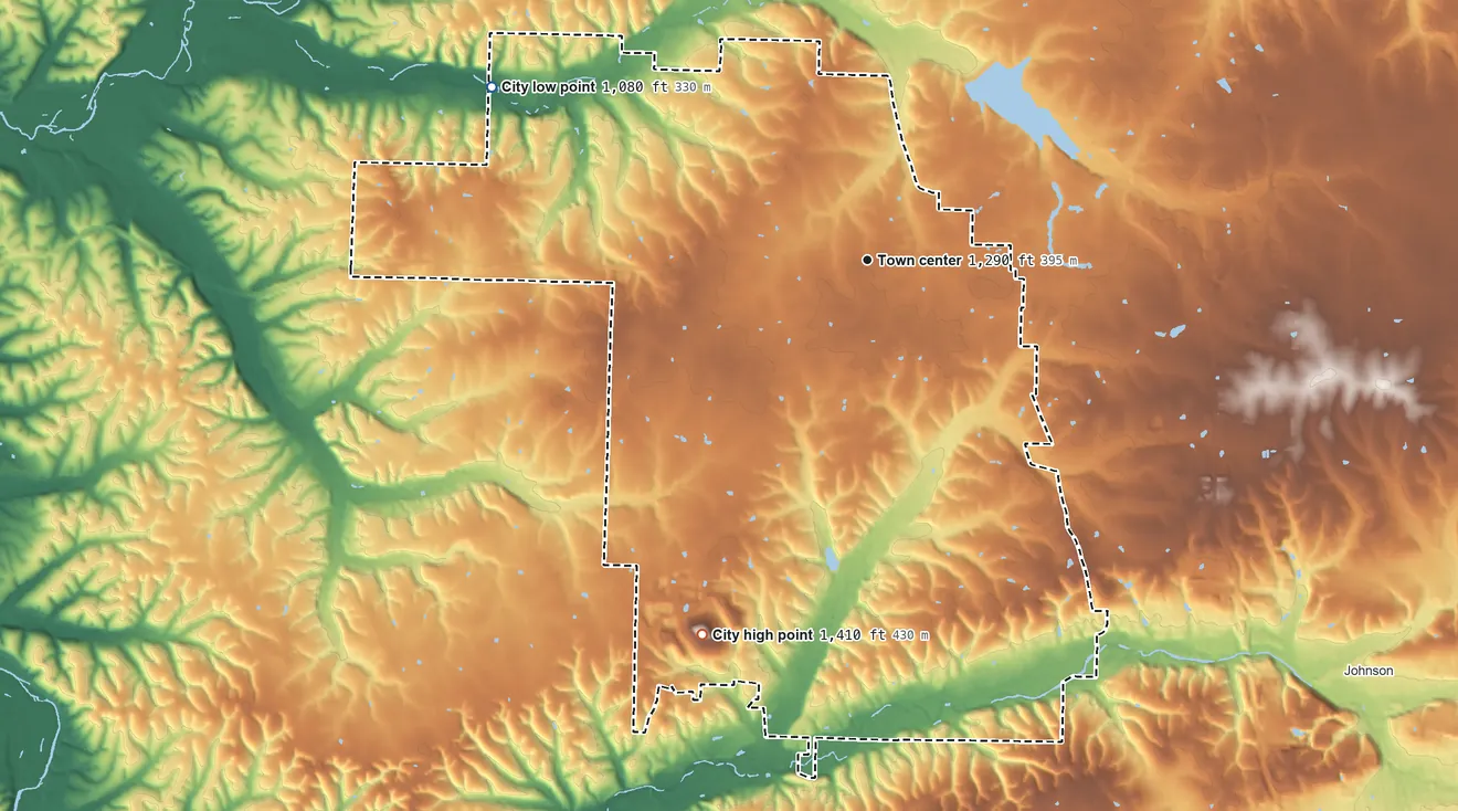 Topographic elevation map of Tontitown, Arkansas, shaded from 1,080 ft on the northwest side to 1,410 ft on the southwest side