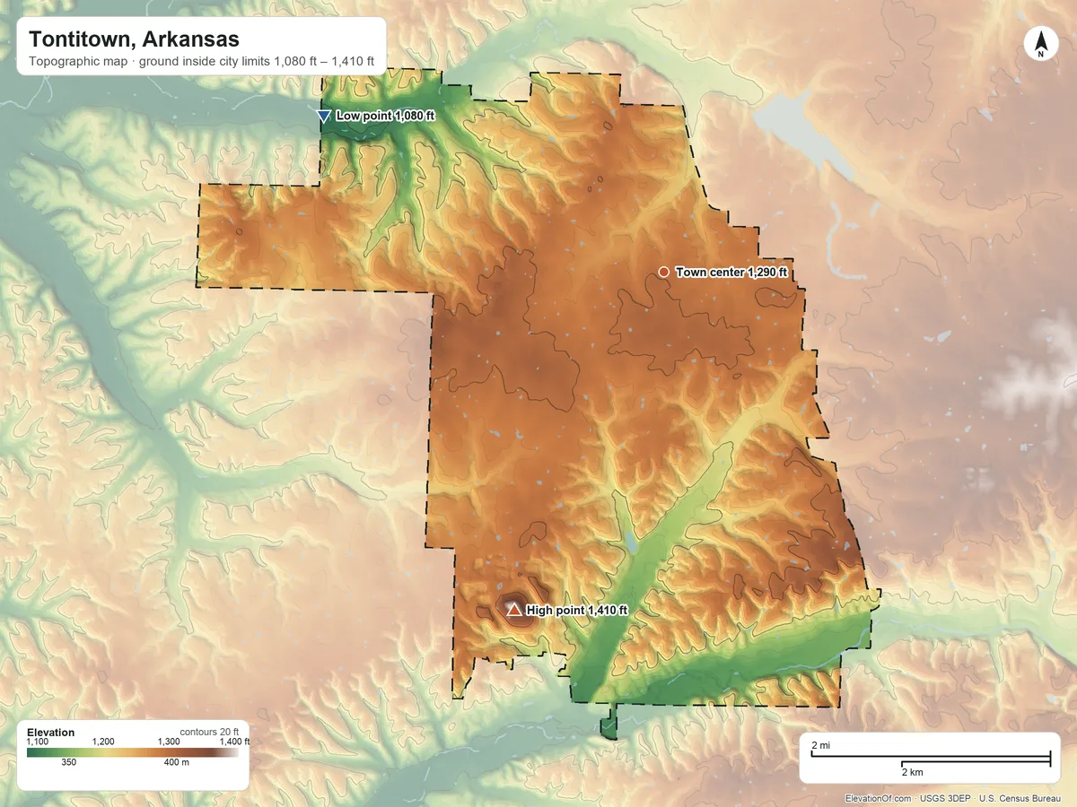 Topographic elevation map of Tontitown, Arkansas, shaded from 1,080 ft on the northwest side to 1,410 ft on the southwest side