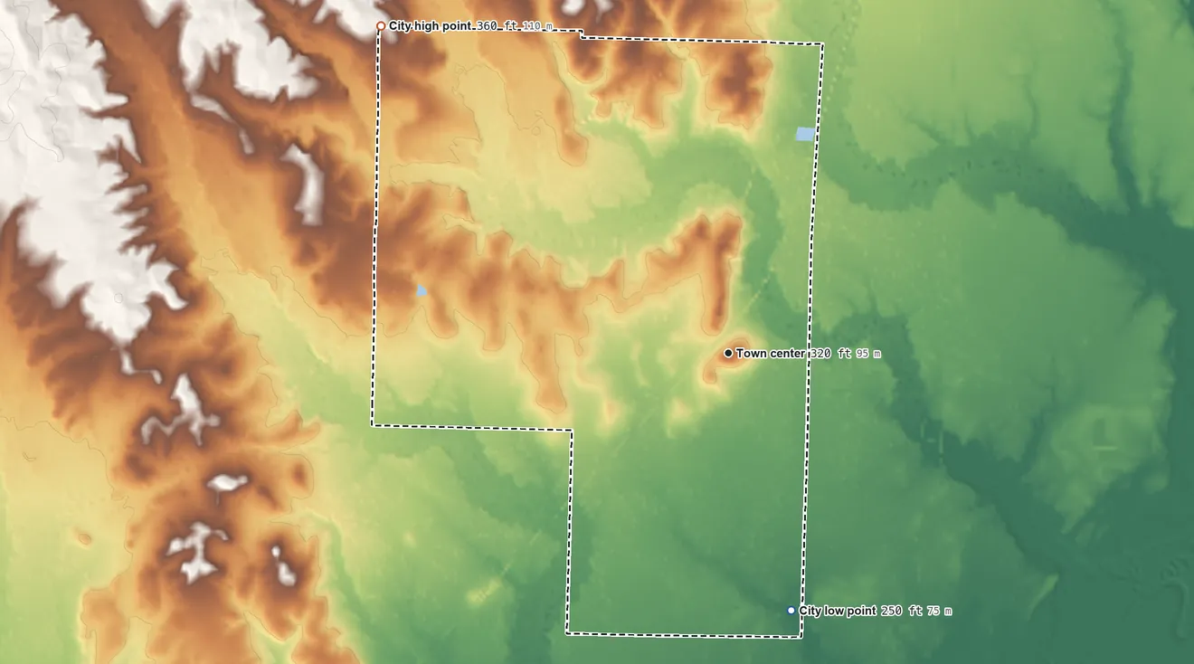 Topographic elevation map of Traskwood, Arkansas, shaded from 250 ft on the south side to 360 ft on the northwest side