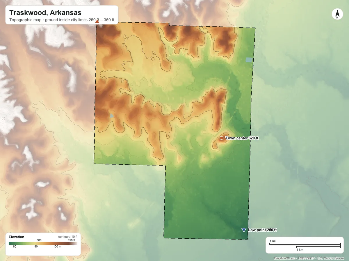 Topographic elevation map of Traskwood, Arkansas, shaded from 250 ft on the south side to 360 ft on the northwest side