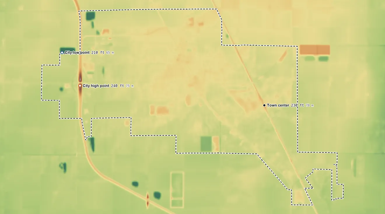 Topographic elevation map of Trumann, Arkansas, shaded from 210 ft on the west side to 240 ft on the west side