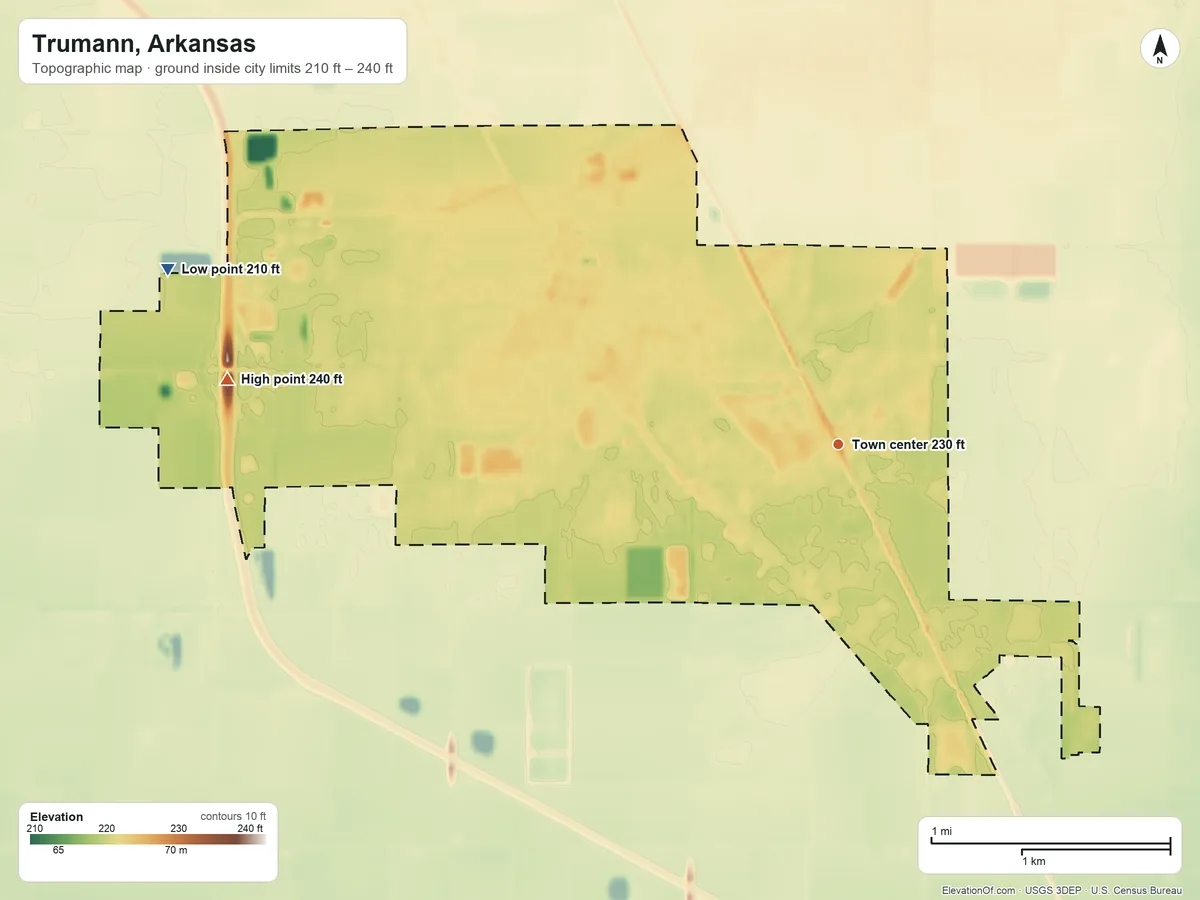Topographic elevation map of Trumann, Arkansas, shaded from 210 ft on the west side to 240 ft on the west side