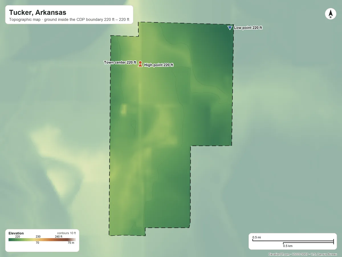 Topographic elevation map of Tucker, Arkansas, shaded from 220 ft on the east side to 220 ft near the middle