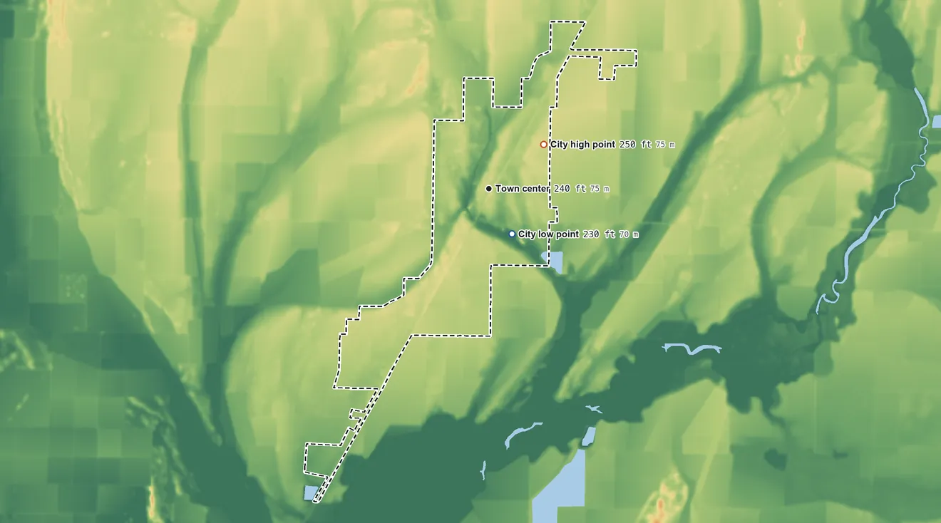 Topographic elevation map of Tuckerman, Arkansas, shaded from 230 ft near the middle to 250 ft on the northeast side