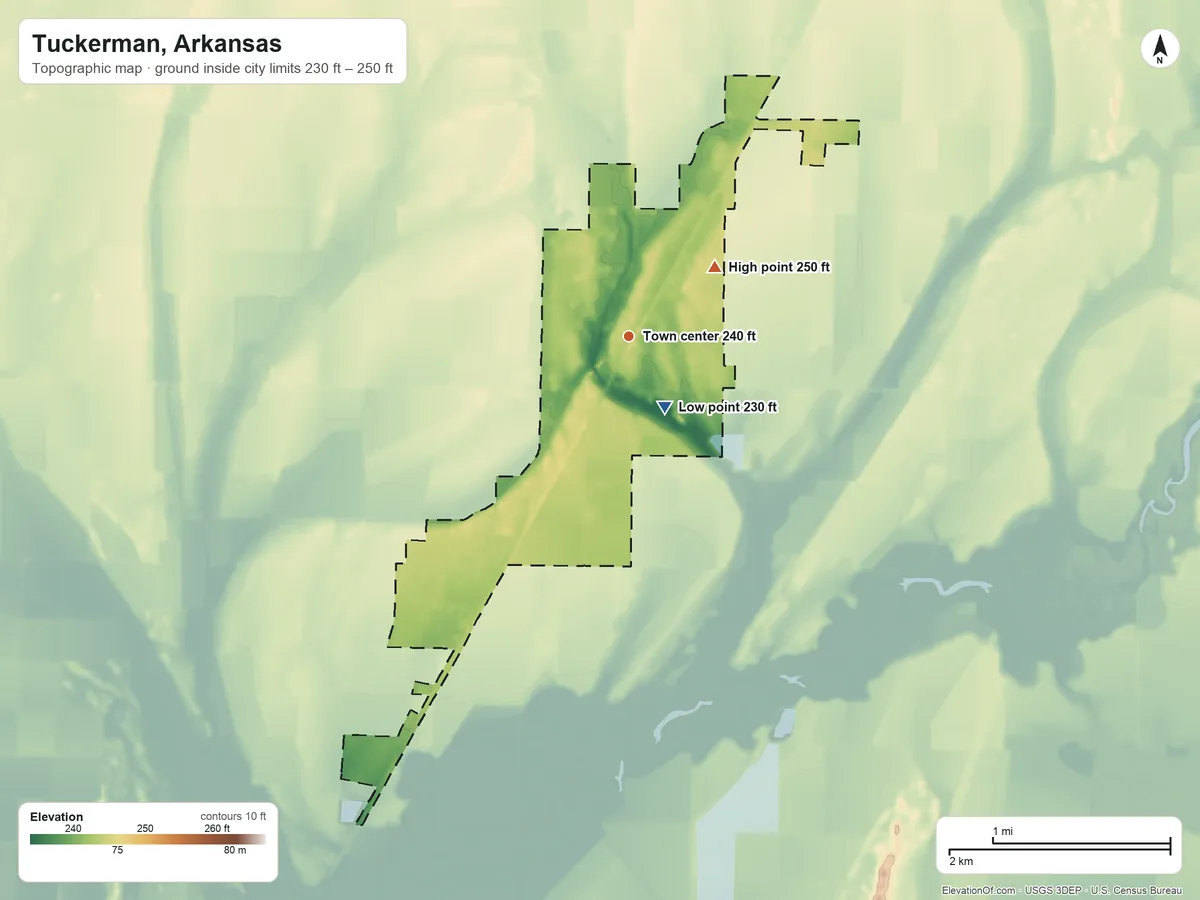 Topographic elevation map of Tuckerman, Arkansas, shaded from 230 ft near the middle to 250 ft on the northeast side