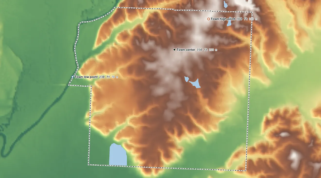 Topographic elevation map of Tull, Arkansas, shaded from 230 ft on the west side to 360 ft on the northeast side