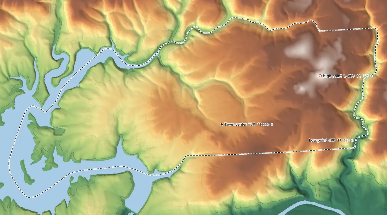 Topographic elevation map of Tumbling Shoals, Arkansas, shaded from 400 ft on the east side to 1,000 ft on the northeast side