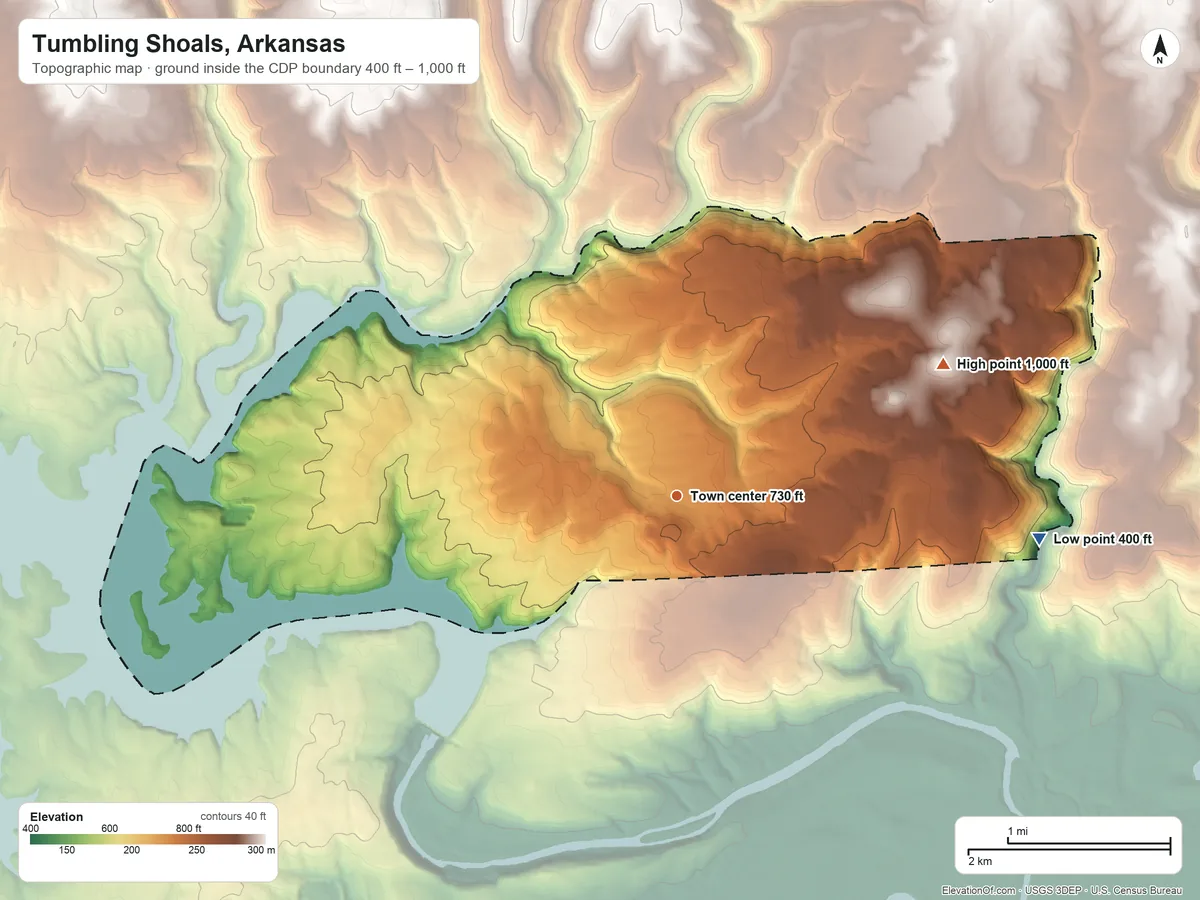 Topographic elevation map of Tumbling Shoals, Arkansas, shaded from 400 ft on the east side to 1,000 ft on the northeast side