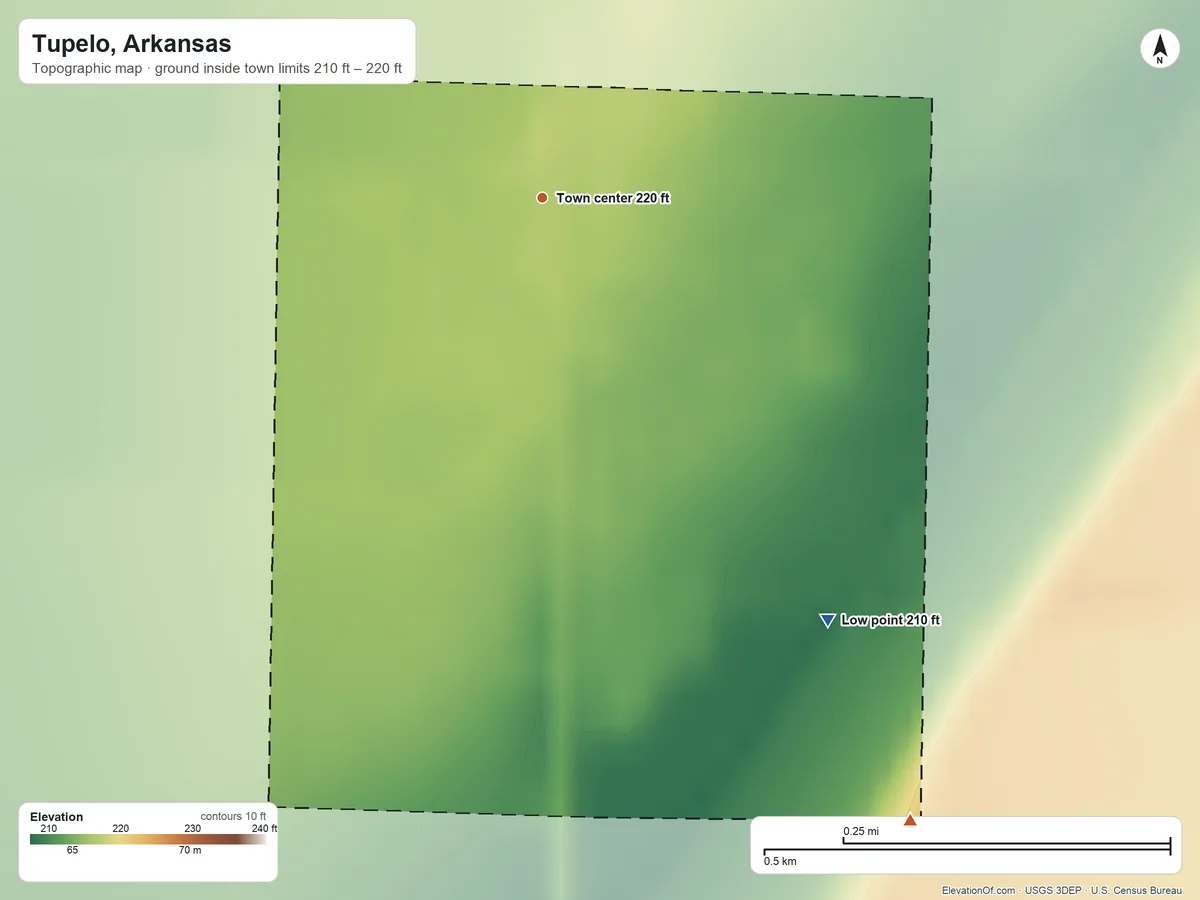 Topographic elevation map of Tupelo, Arkansas, shaded from 210 ft on the southeast side to 220 ft on the southeast side
