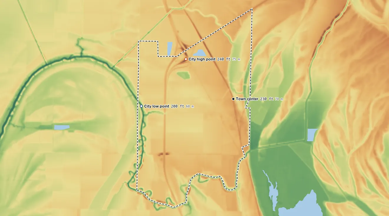 Topographic elevation map of Turrell, Arkansas, shaded from 200 ft on the west side to 240 ft on the northwest side