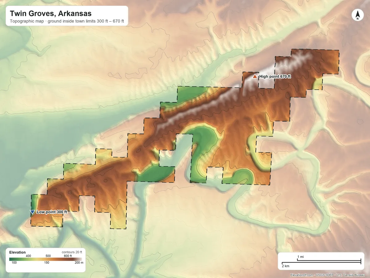 Topographic elevation map of Twin Groves, Arkansas, shaded from 300 ft on the southwest side to 670 ft on the northeast side