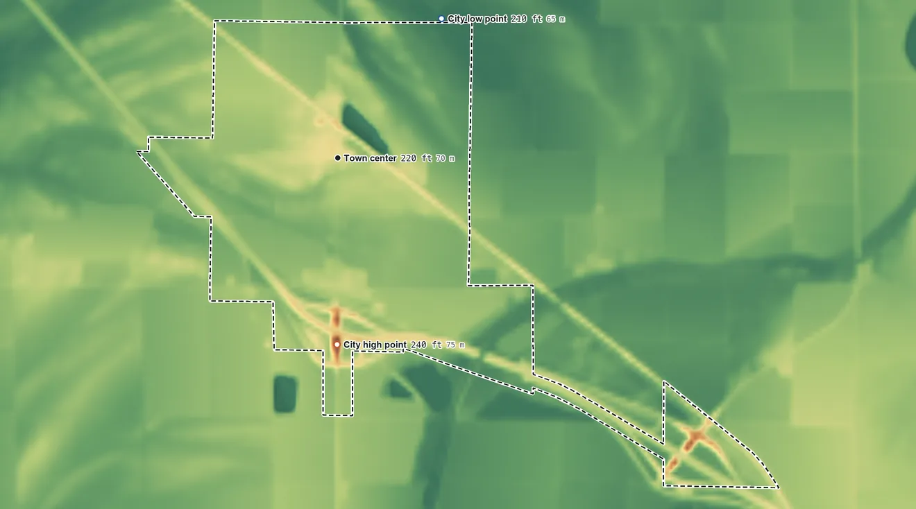 Topographic elevation map of Tyronza, Arkansas, shaded from 210 ft on the northeast side to 240 ft on the south side