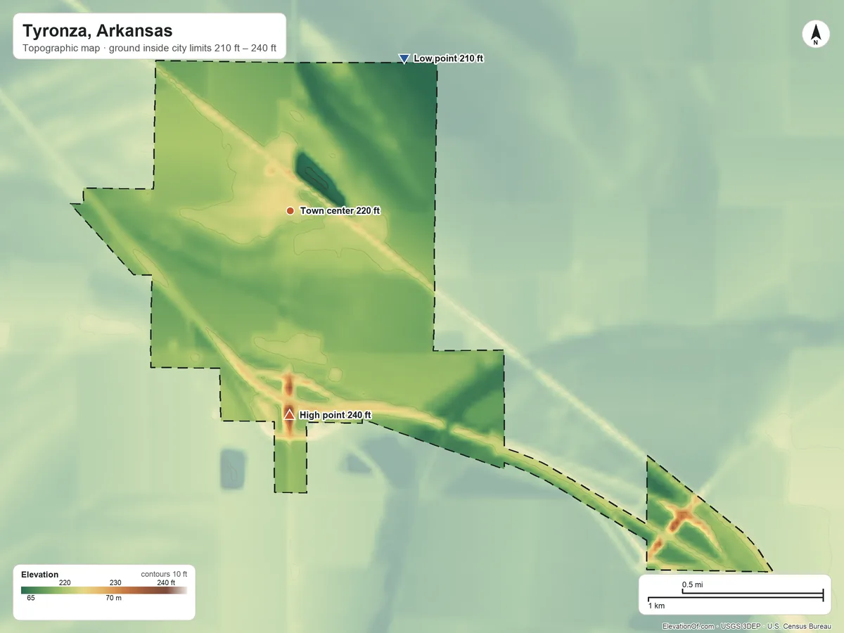 Topographic elevation map of Tyronza, Arkansas, shaded from 210 ft on the northeast side to 240 ft on the south side