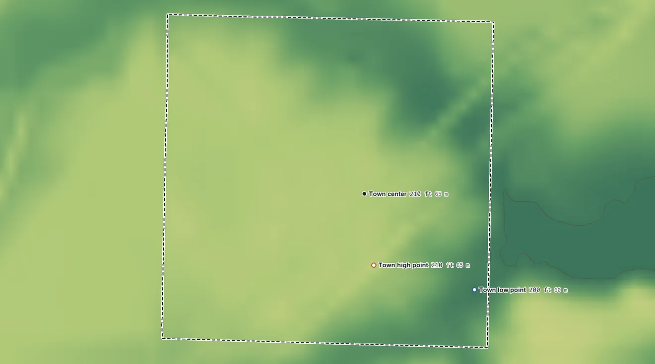 Topographic elevation map of Ulm, Arkansas, shaded from 200 ft on the southeast side to 210 ft on the south side