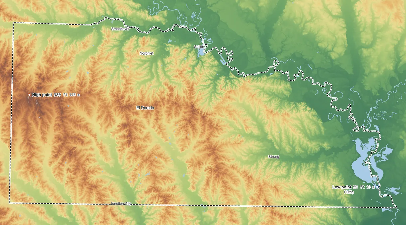 Topographic elevation map of Union County, Arkansas, shaded from 53 ft on the southeast side to 380 ft on the west side