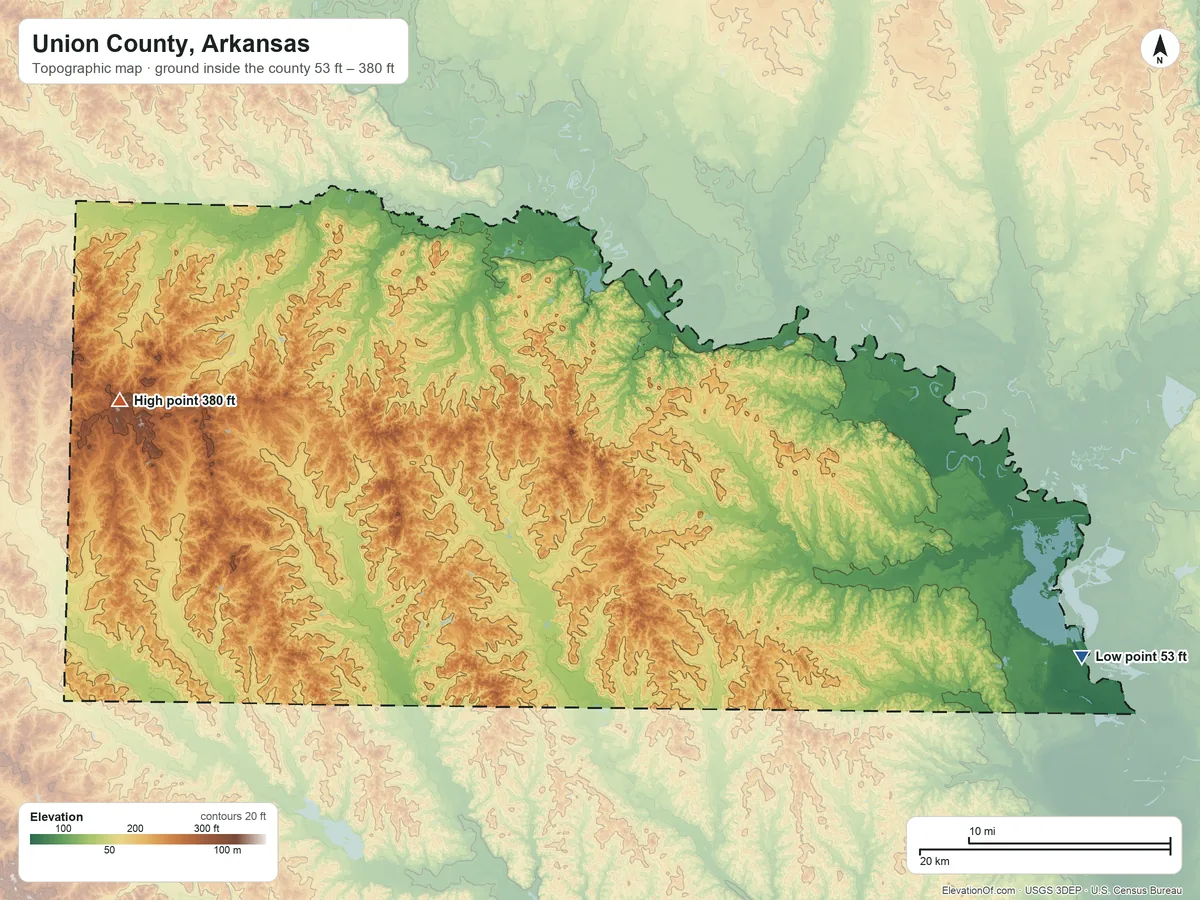 Topographic elevation map of Union County, Arkansas, shaded from 53 ft on the southeast side to 380 ft on the west side