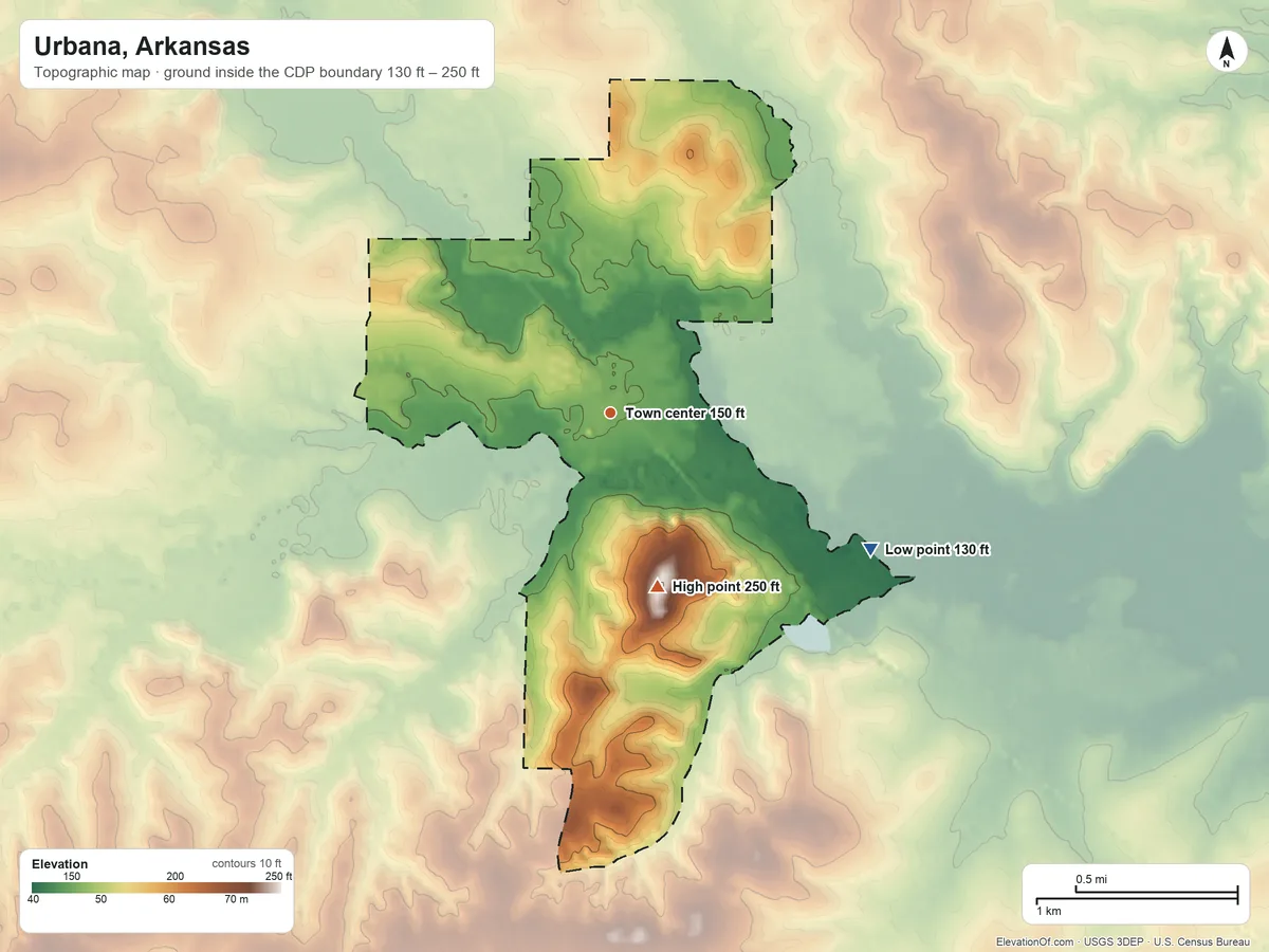 Topographic elevation map of Urbana, Arkansas, shaded from 130 ft on the southeast side to 250 ft on the south side