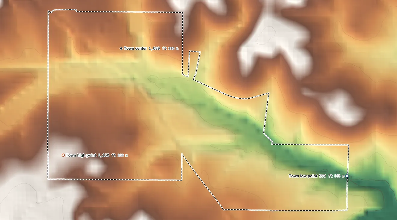 Topographic elevation map of Valley Springs, Arkansas, shaded from 990 ft on the southeast side to 1,150 ft on the southwest side