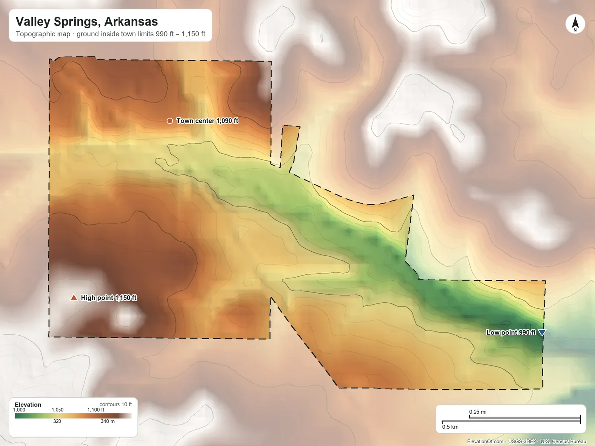Topographic elevation map of Valley Springs, Arkansas, shaded from 990 ft on the southeast side to 1,150 ft on the southwest side