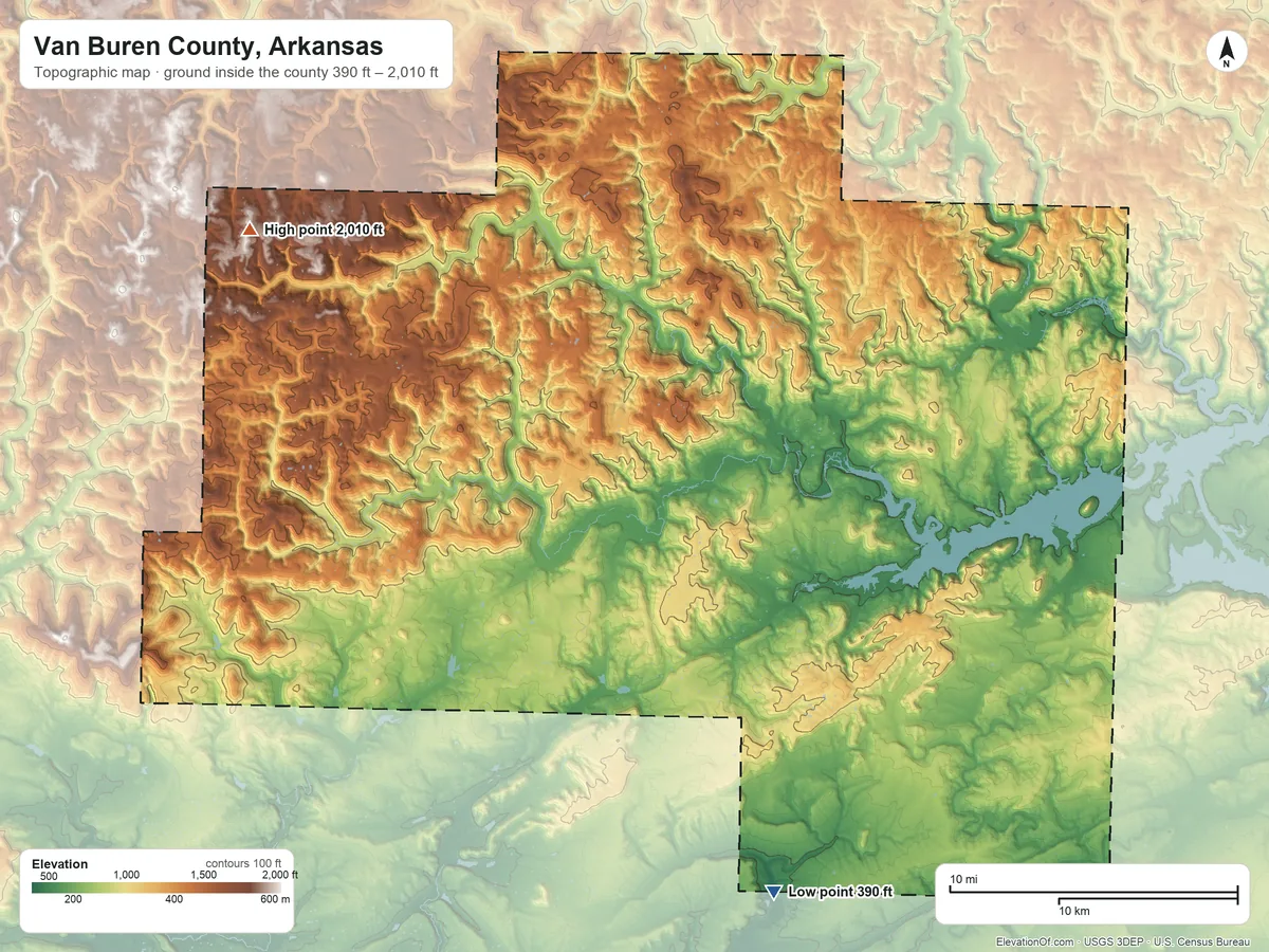 Topographic elevation map of Van Buren County, Arkansas, shaded from 390 ft on the south side to 2,010 ft on the northwest side