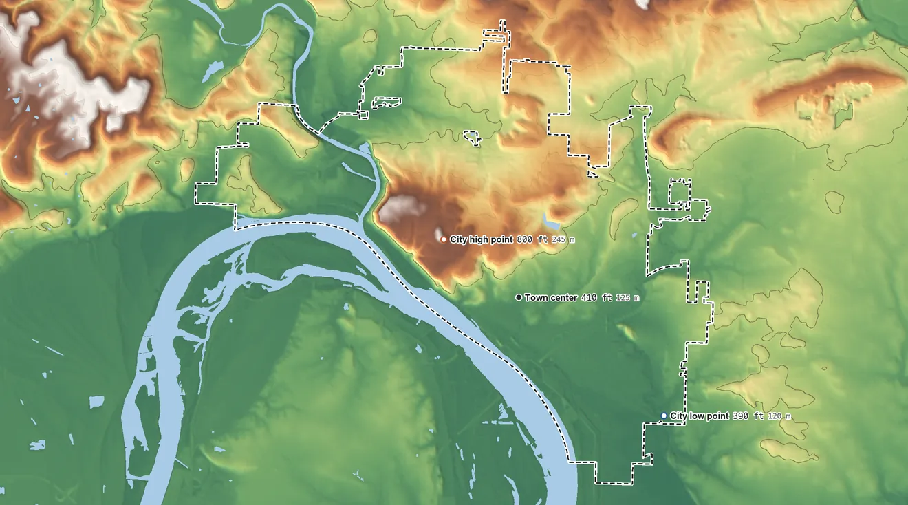 Topographic elevation map of Van Buren, Arkansas, shaded from 390 ft on the southeast side to 800 ft on the northwest side
