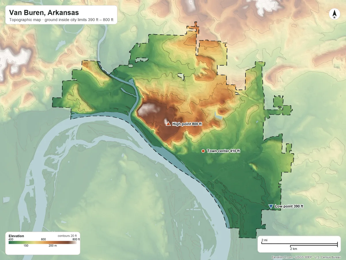 Topographic elevation map of Van Buren, Arkansas, shaded from 390 ft on the southeast side to 800 ft on the northwest side