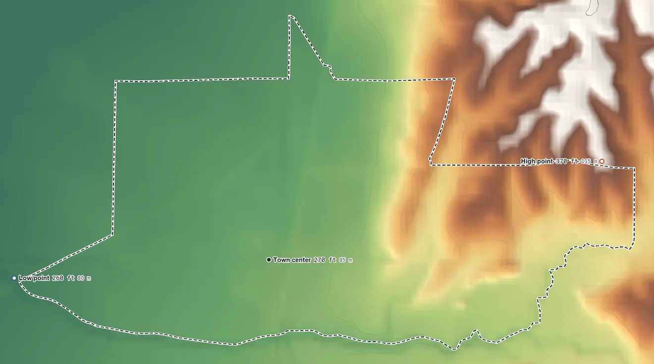 Topographic elevation map of Vanndale, Arkansas, shaded from 260 ft on the west side to 370 ft on the east side