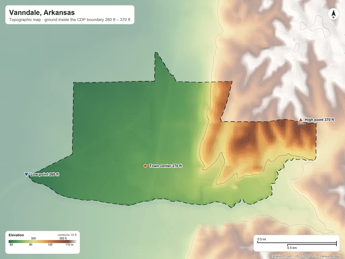 Topographic elevation map of Vanndale, Arkansas, shaded from 260 ft on the west side to 370 ft on the east side