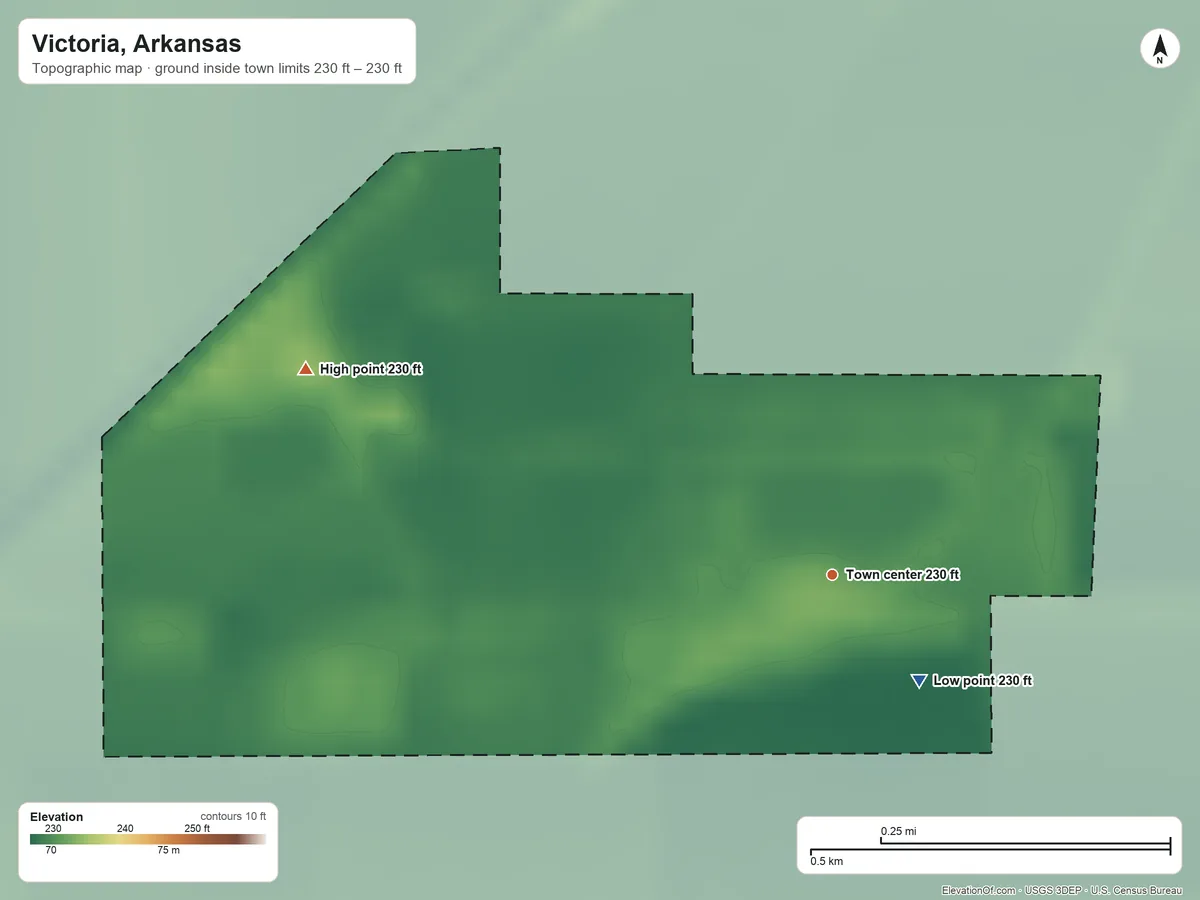 Topographic elevation map of Victoria, Arkansas, shaded from 230 ft on the southeast side to 230 ft on the west side