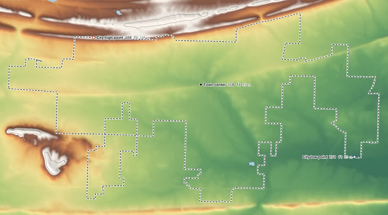 Topographic elevation map of Vilonia, Arkansas, shaded from 270 ft on the southeast side to 480 ft on the northwest side