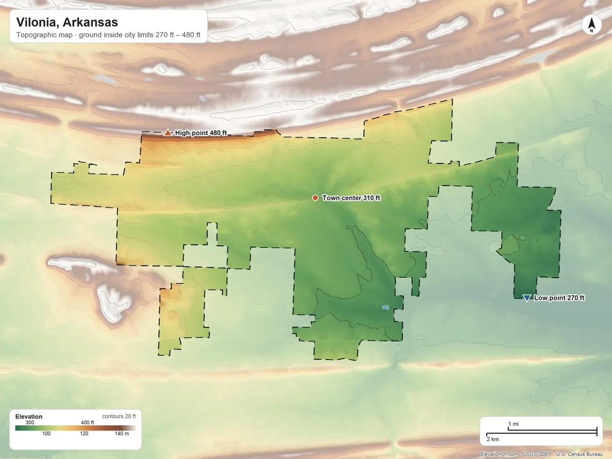 Topographic elevation map of Vilonia, Arkansas, shaded from 270 ft on the southeast side to 480 ft on the northwest side
