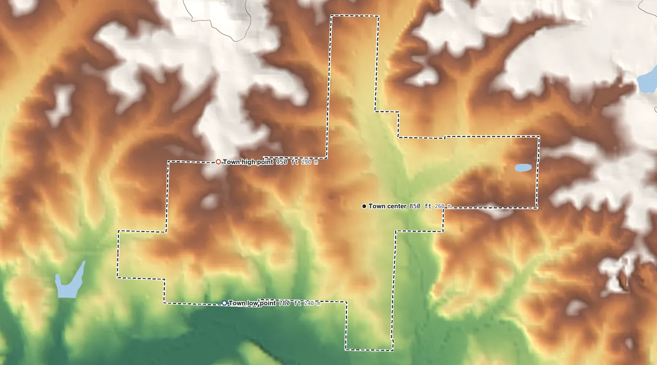 Topographic elevation map of Viola, Arkansas, shaded from 780 ft on the southwest side to 950 ft on the west side