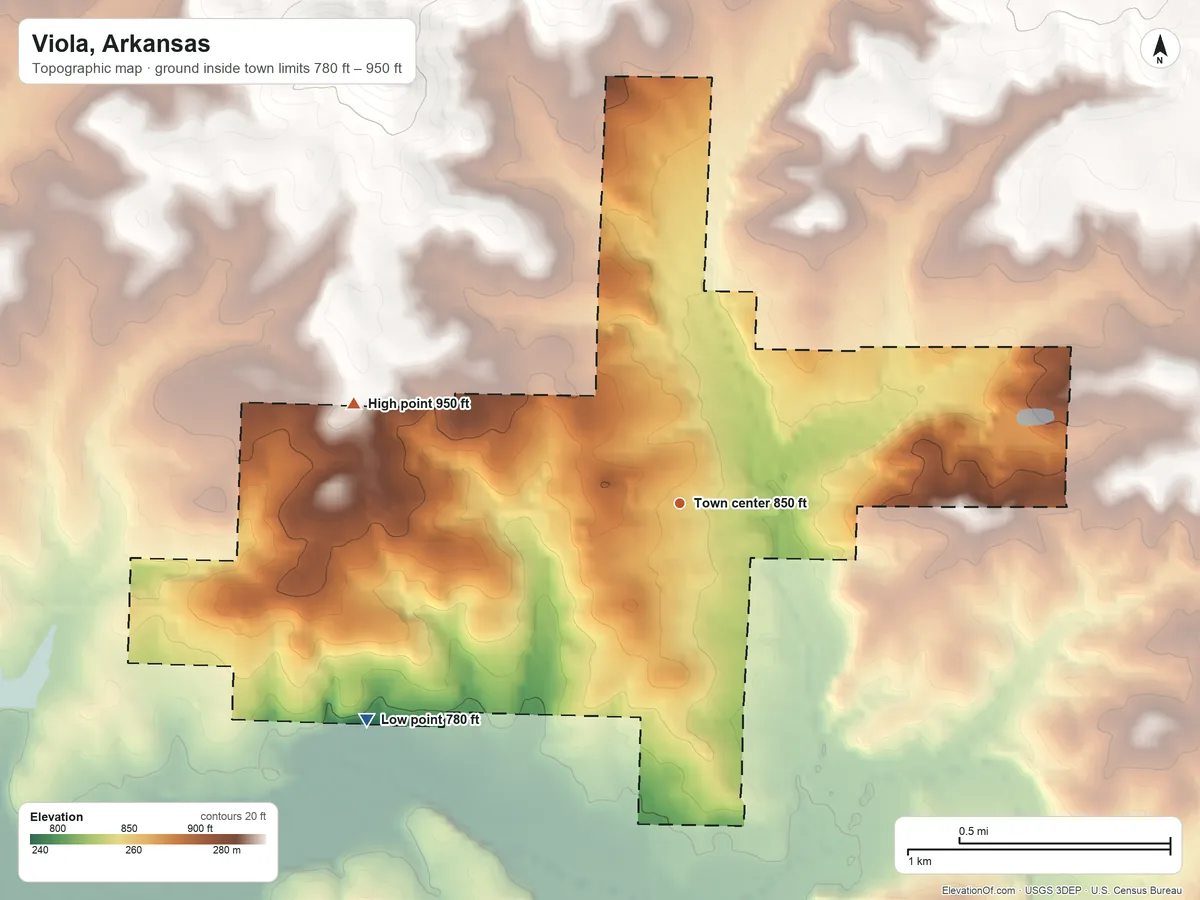 Topographic elevation map of Viola, Arkansas, shaded from 780 ft on the southwest side to 950 ft on the west side