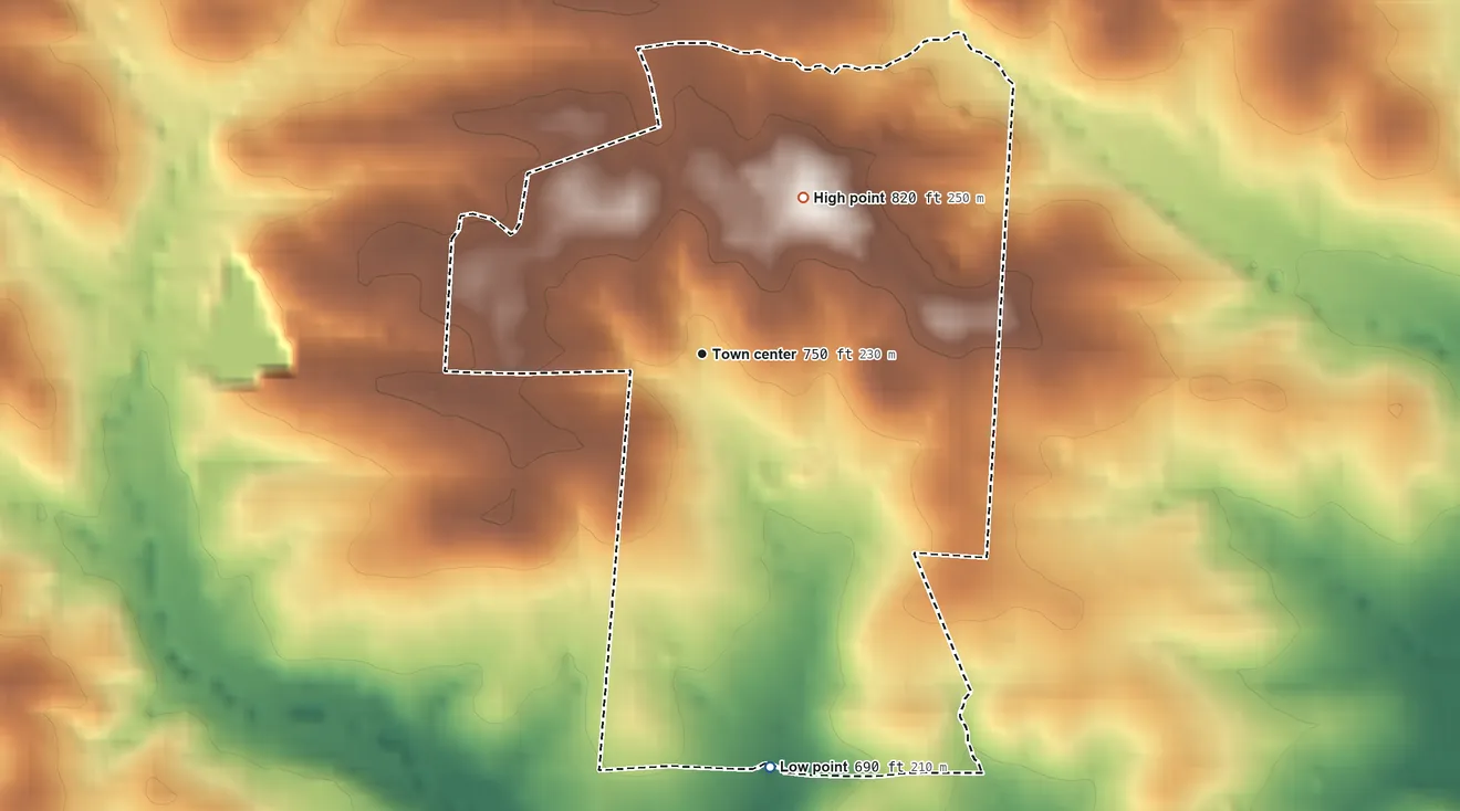 Topographic elevation map of Violet Hill, Arkansas, shaded from 690 ft on the south side to 820 ft on the northeast side