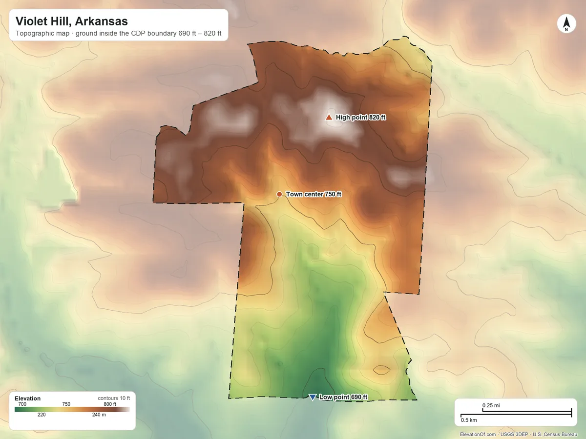Topographic elevation map of Violet Hill, Arkansas, shaded from 690 ft on the south side to 820 ft on the northeast side