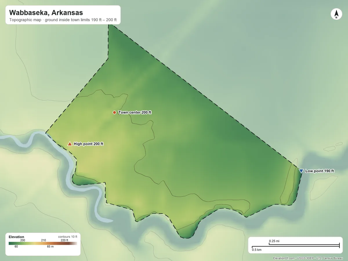Topographic elevation map of Wabbaseka, Arkansas, shaded from 190 ft on the east side to 200 ft on the southwest side