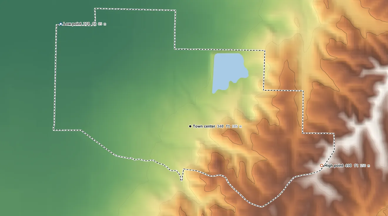 Topographic elevation map of Walcott, Arkansas, shaded from 270 ft on the northwest side to 490 ft on the east side