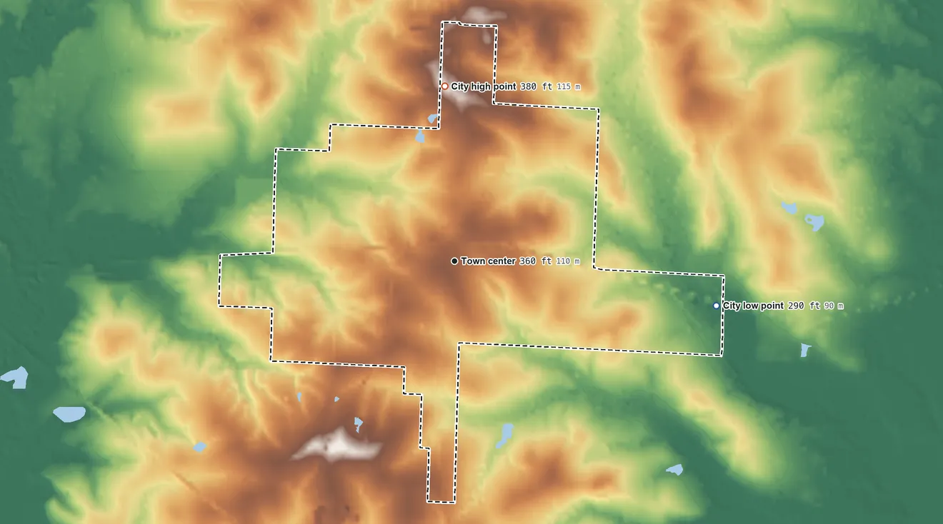 Topographic elevation map of Waldo, Arkansas, shaded from 290 ft on the east side to 380 ft on the north side