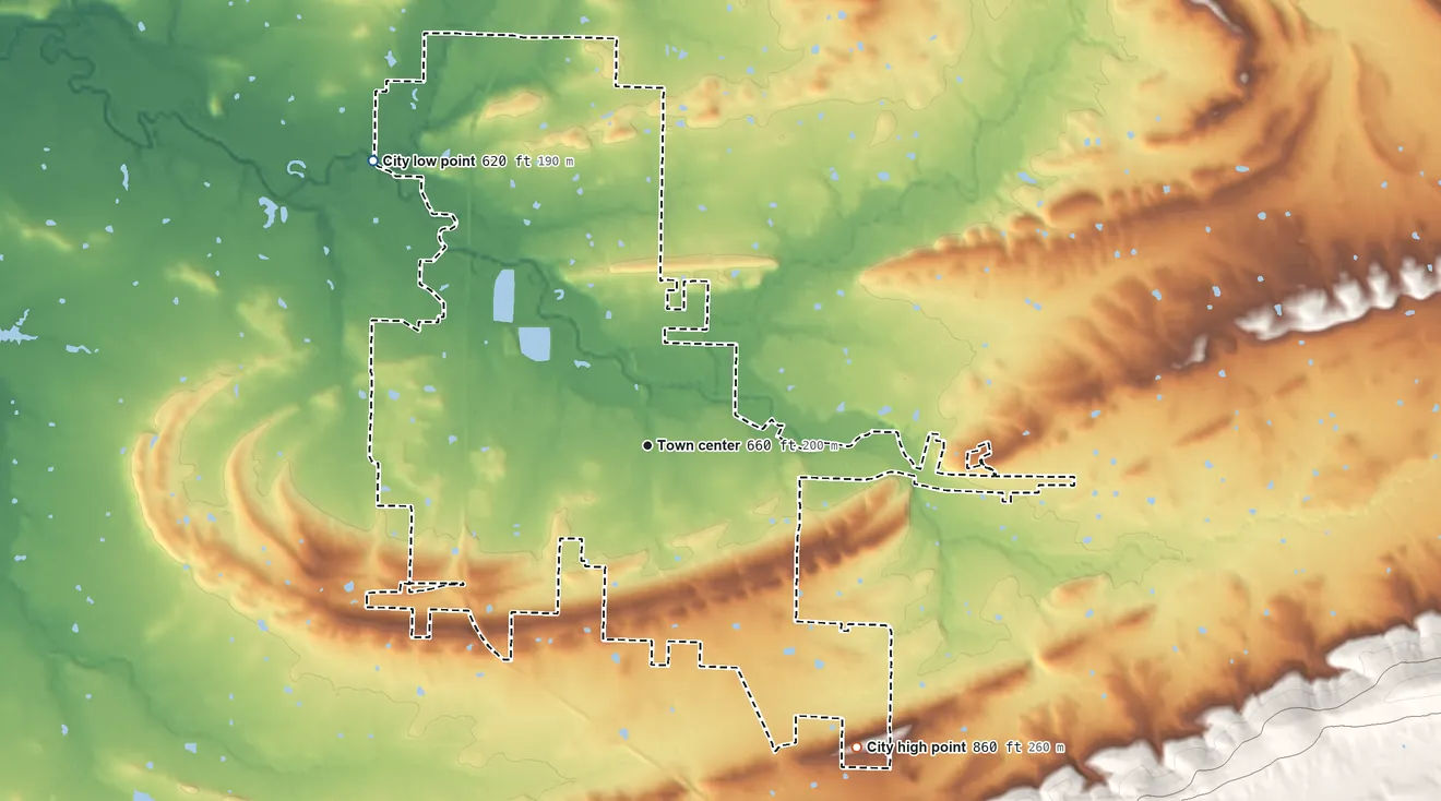 Topographic elevation map of Waldron, Arkansas, shaded from 620 ft on the northwest side to 860 ft on the southeast side
