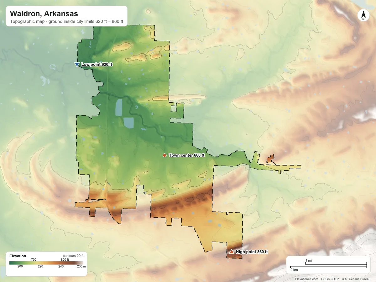 Topographic elevation map of Waldron, Arkansas, shaded from 620 ft on the northwest side to 860 ft on the southeast side
