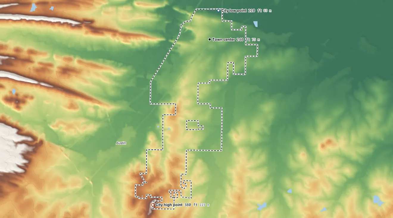 Topographic elevation map of Ward, Arkansas, shaded from 210 ft on the north side to 380 ft on the south side