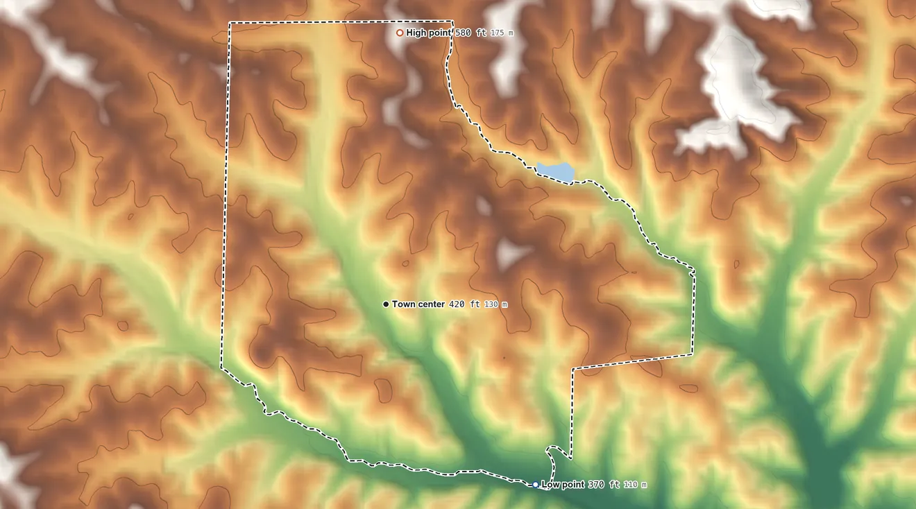 Topographic elevation map of Warm Springs, Arkansas, shaded from 370 ft on the southeast side to 580 ft on the north side