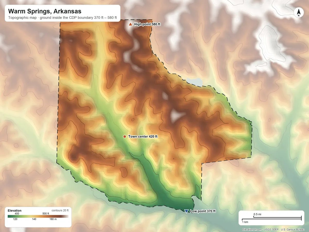 Topographic elevation map of Warm Springs, Arkansas, shaded from 370 ft on the southeast side to 580 ft on the north side