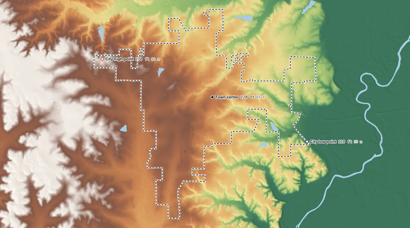 Topographic elevation map of Warren, Arkansas, shaded from 120 ft on the southeast side to 270 ft on the west side