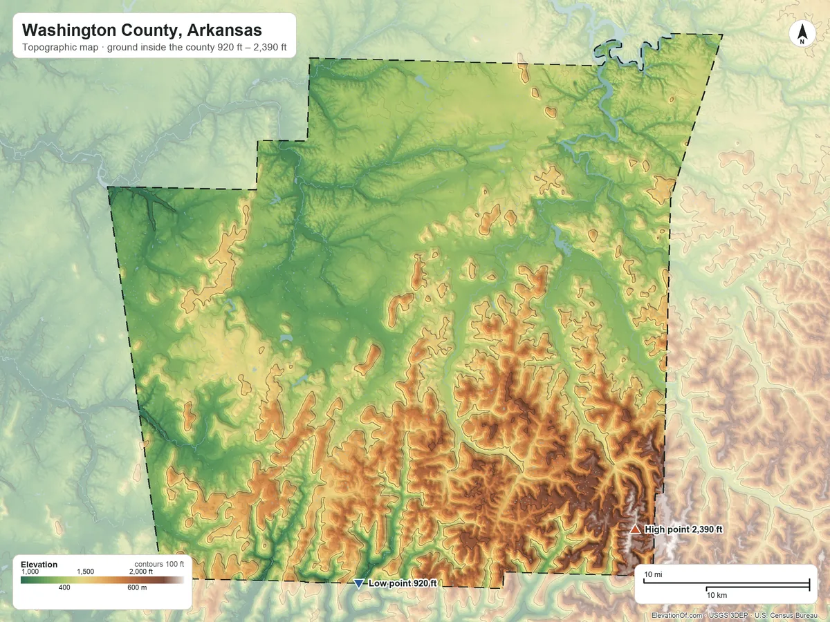 Topographic elevation map of Washington County, Arkansas, shaded from 920 ft on the south side to 2,390 ft on the southeast side