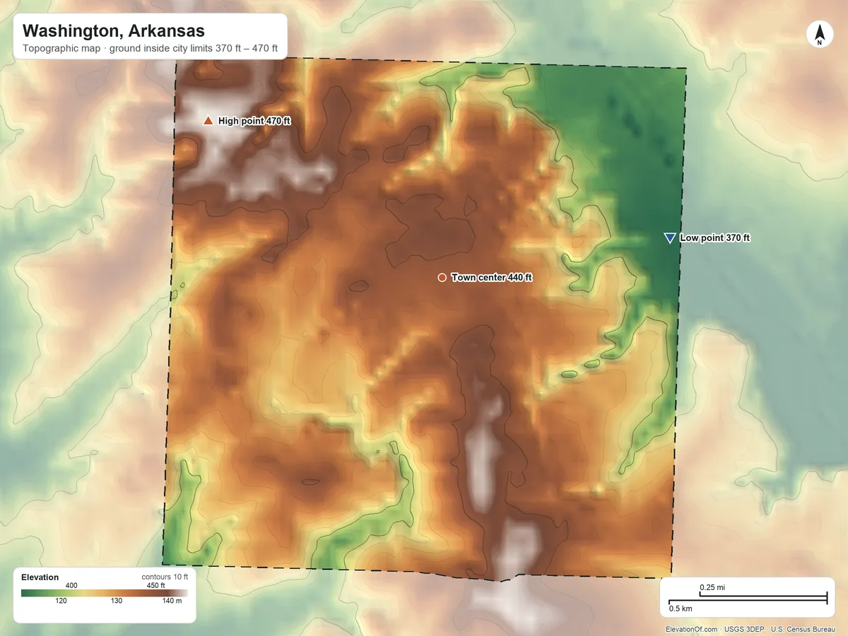 Topographic elevation map of Washington, Arkansas, shaded from 370 ft on the east side to 470 ft on the northwest side