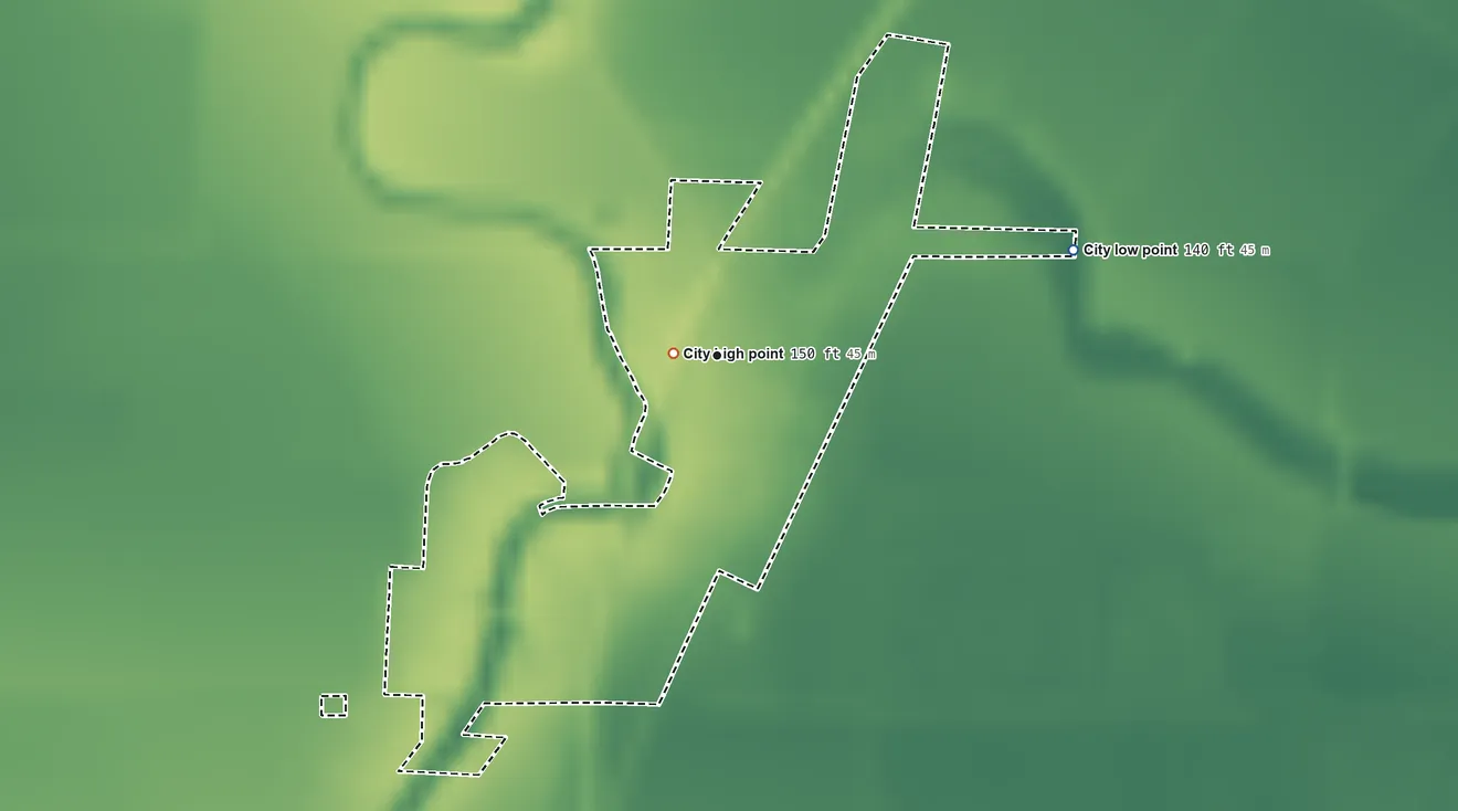 Topographic elevation map of Watson, Arkansas, shaded from 140 ft on the east side to 150 ft near the middle