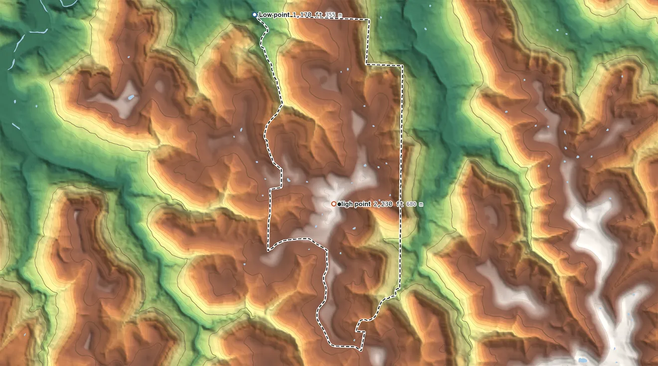 Topographic elevation map of Wayton, Arkansas, shaded from 1,170 ft on the northwest side to 2,230 ft near the middle