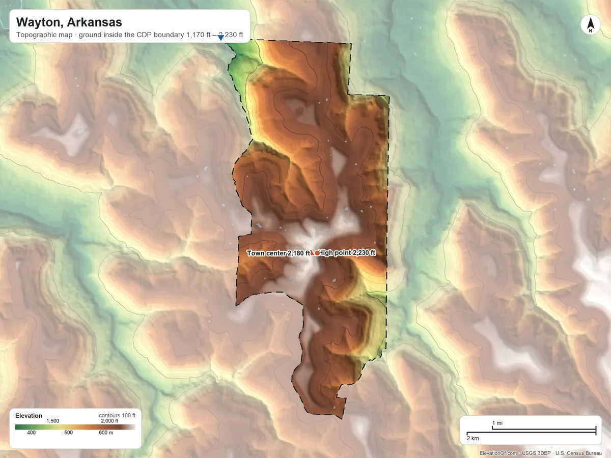 Topographic elevation map of Wayton, Arkansas, shaded from 1,170 ft on the northwest side to 2,230 ft near the middle